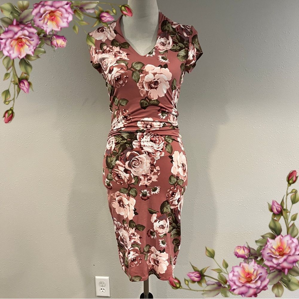 Joe & Elle Floral v-neck short‎ sleeve stretchy midi Dress size extra small